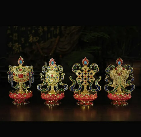 Tibetan Buddhist Mikky Eight Auspicious Symbols Copper Gilt Lotus Statue 8 PCS