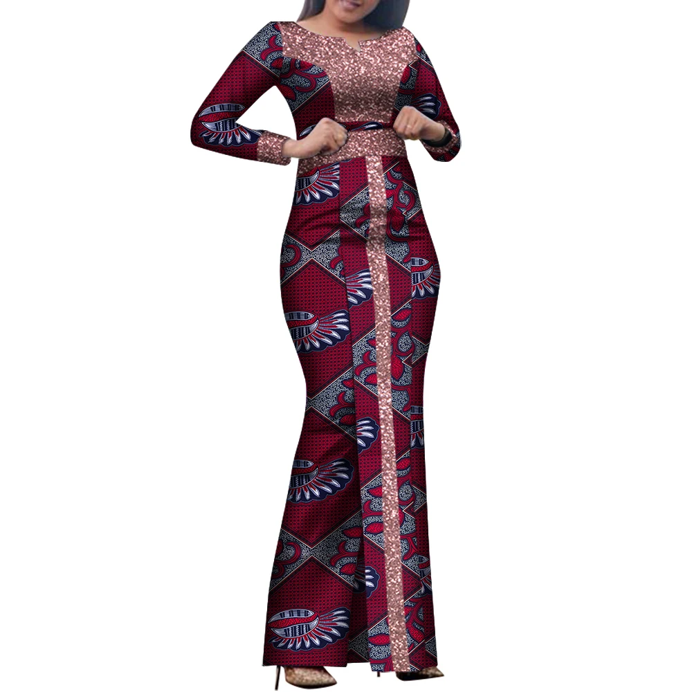 Bintarealwax African Maxi Dress Bazin Riche Sequined Print Wax Long Dresses Long Sleeve Plus Size S-7XL Africa Clothing WY8458