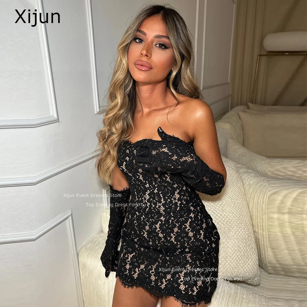 

Xijun Black Sexy Mini Evening Dresses Lace Flower Modern Club Party Gowns For Women Club Prom Dresses Strapless Short Prom Gowns