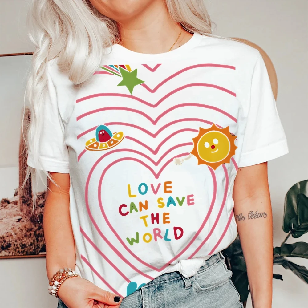 

Y2K Graphic T-Shirts Love World Tee All-Cotton, High-Quality Oversize Tee Love Can Save The World Heart Positive Y2K Trend