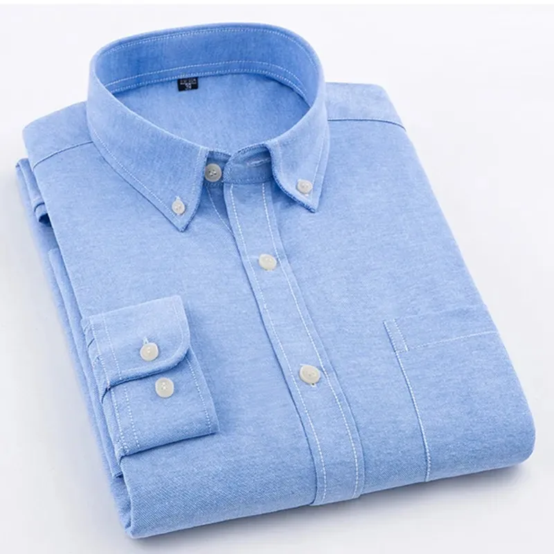 Men's Oxford Shirt Fashion Trend Clothing 100% Cotton Solid Color Business Casual Fit New Korean Style Long-Sleeved Polo Shirt