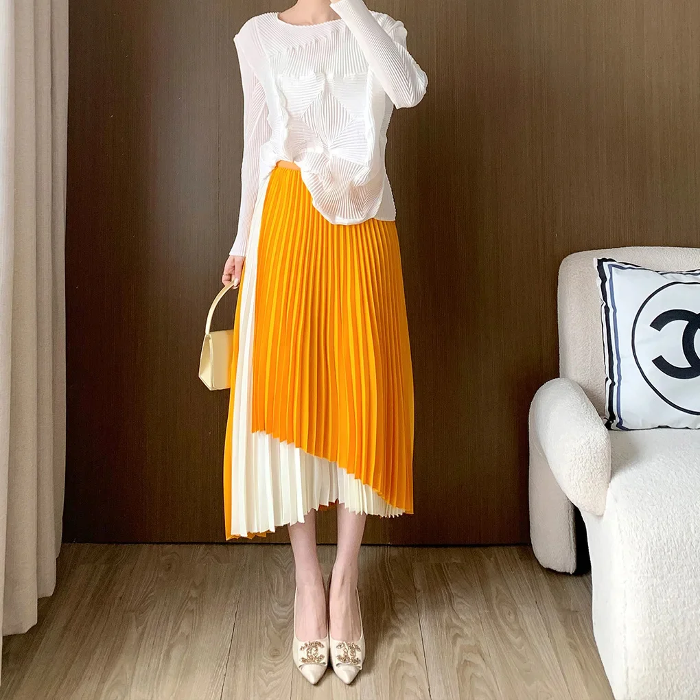 Pleated skirts for women Miyake Fashion high waist irregular patchwork color contrast A-line skirt