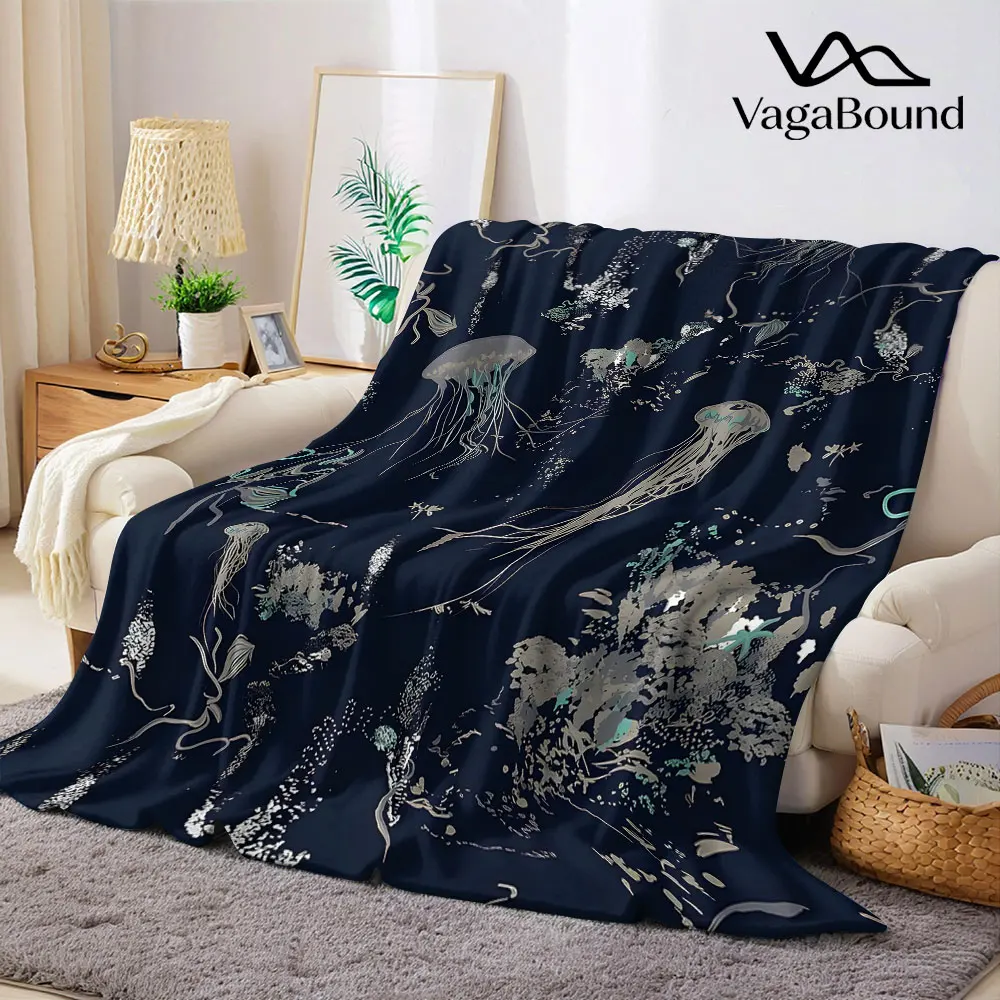Navy Jellyfish Art Flannel Blanket Warm Soft Halloween Christmas Decorative Couch Warm Cozy All-Season Gift