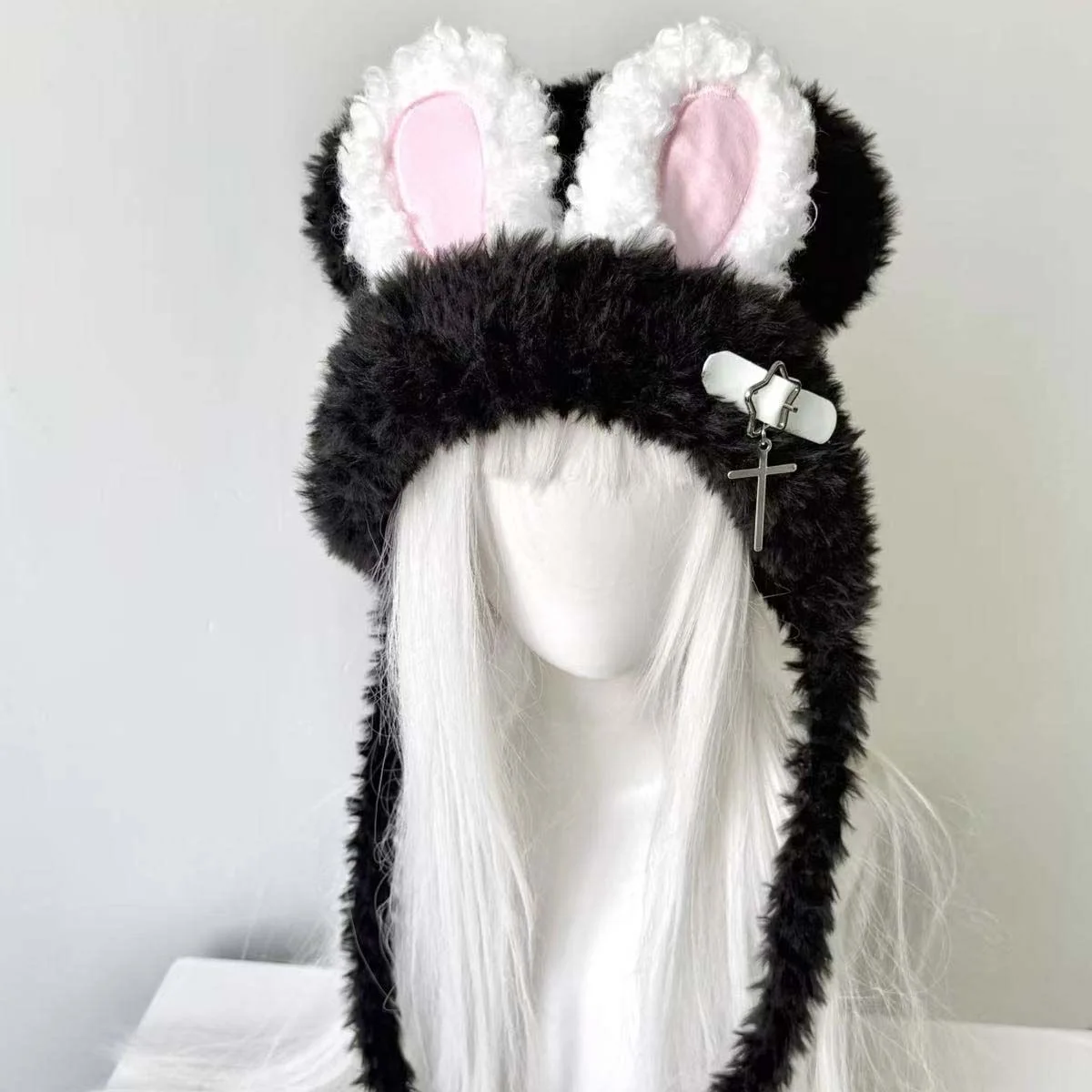 Mulheres harajuku gótico lolita pelúcia coelho orelha gorro chapéu japonês y2k menina fivela cruz urso orelha boné inverno quente chapéu de malha
