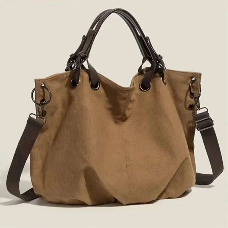 Bolso de mano Vintage de gran capacidad para mujer, bolso de mano marrón para ir al trabajo, bandolera de hombro duradera de lona suave de alta gama para estudiantes