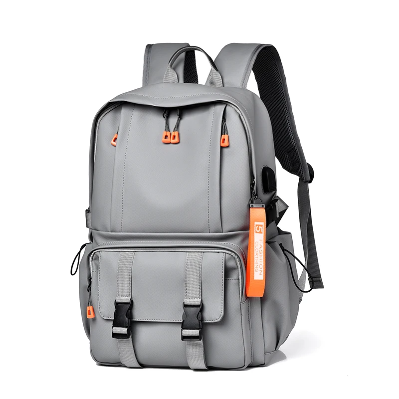 Mens Fashionable Black Backpack Multi pocket Travel Rucksack Durable Laptop Backpack with Orange Accents