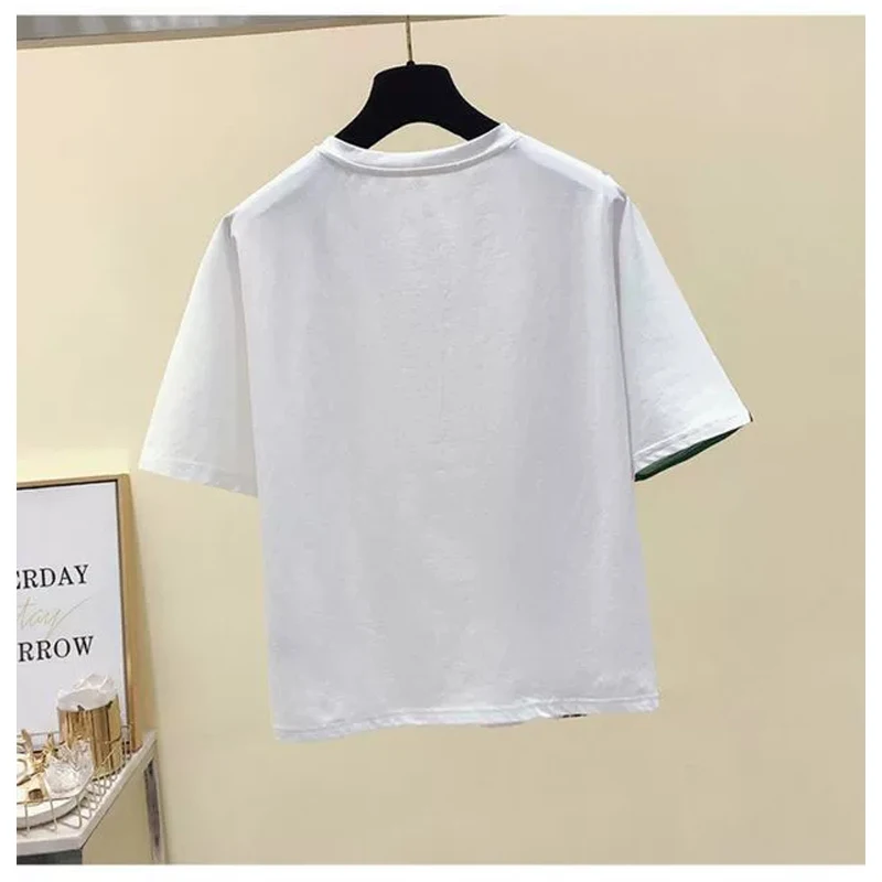 Women’s Summer T Shirt Special Design New Brand Nice Blouse Top Diamond and Lace Trim White Shirt Crewneck Casual Street Tee Top