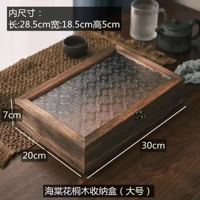 Retro Haitang Flower Glass Storage Box Solid Wood Storage Cabinet Desktop Sorting Flipping Wooden BOX Makeup Table Decoration