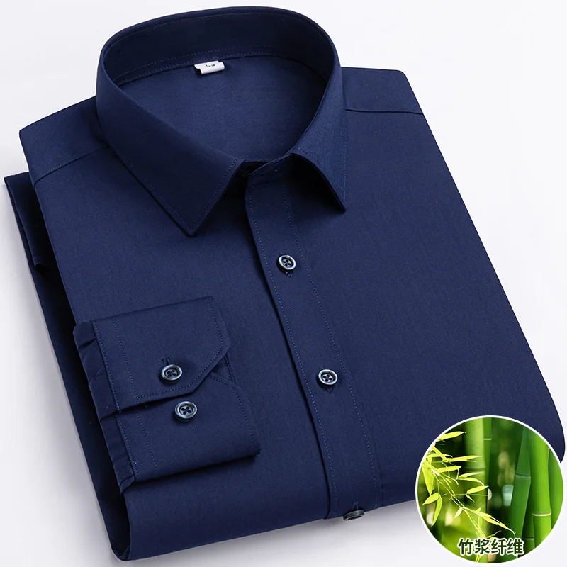 2026 Bamboo Fiber Long Sleeve Men Regular Fit  Microfiber Material Non-iron Professional Casual Dress Shirts Pure Colors