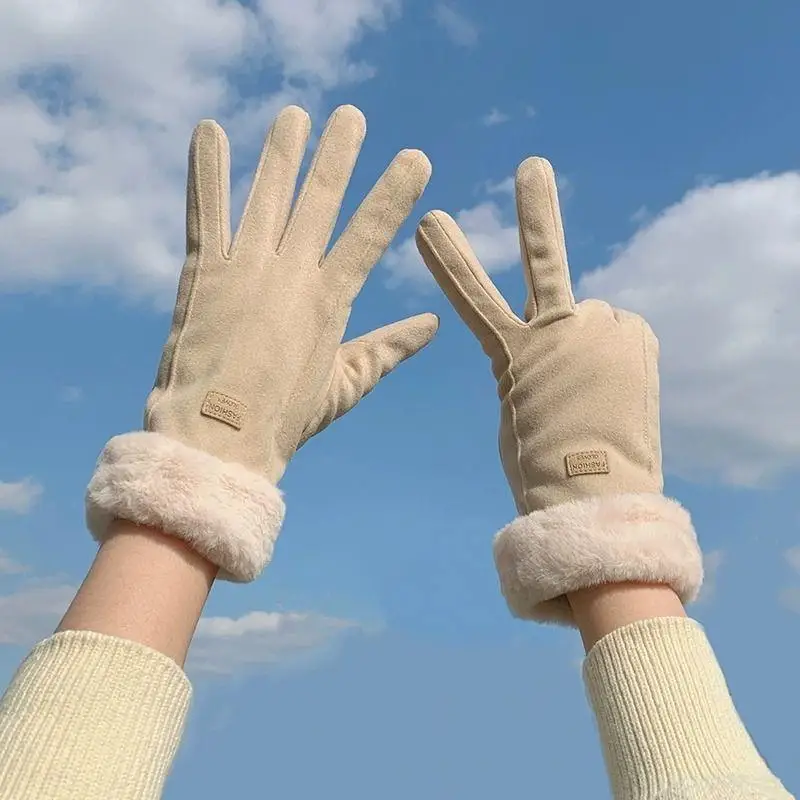 Women Winter Suede Warm Gloves Fluffy Fuzzy Cuff Thick Cold Proof Lined for Commute Outdoor Hiking〔88〕