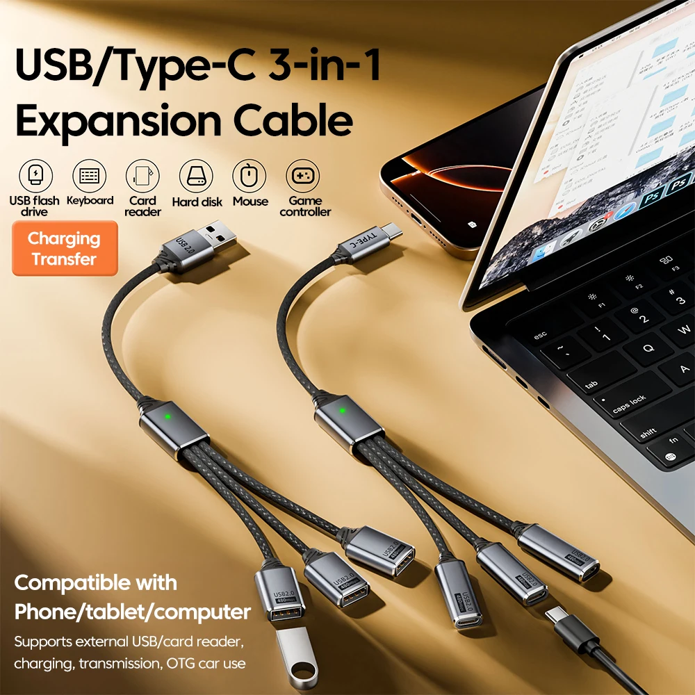USB/Type-C 3 في 1 كابل توسيع USB2.0 الفاصل محور المتوسع شاحن الهاتف محول الطاقة OTG شحن آيفون 15 16 سامسونج