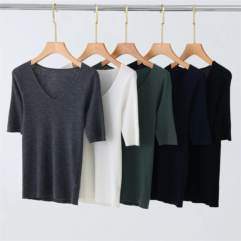 

Летняя легкая женская футболка из 100% тонкой шерсти с V-образным вырезом, коротким рукавом, комфортная, дышащая, повседневный вязаный топ