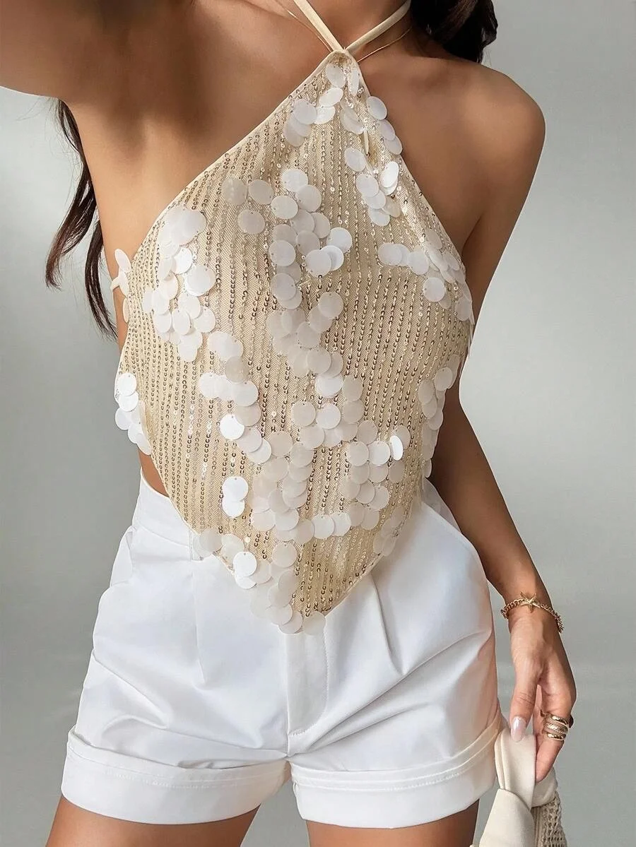 

Spring Summer Women's Tank Top White Halter Neck Sequin Embellished Cropped Shiny Glamorous Party Daily Dating Top