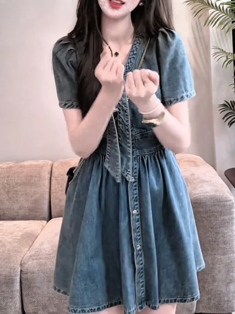 

Ретро джинсовая юбка с V-образным вырезом, больших размеров, стройнящая, омолаживающая, летняя новинка, повседневная, для работы, однотонная