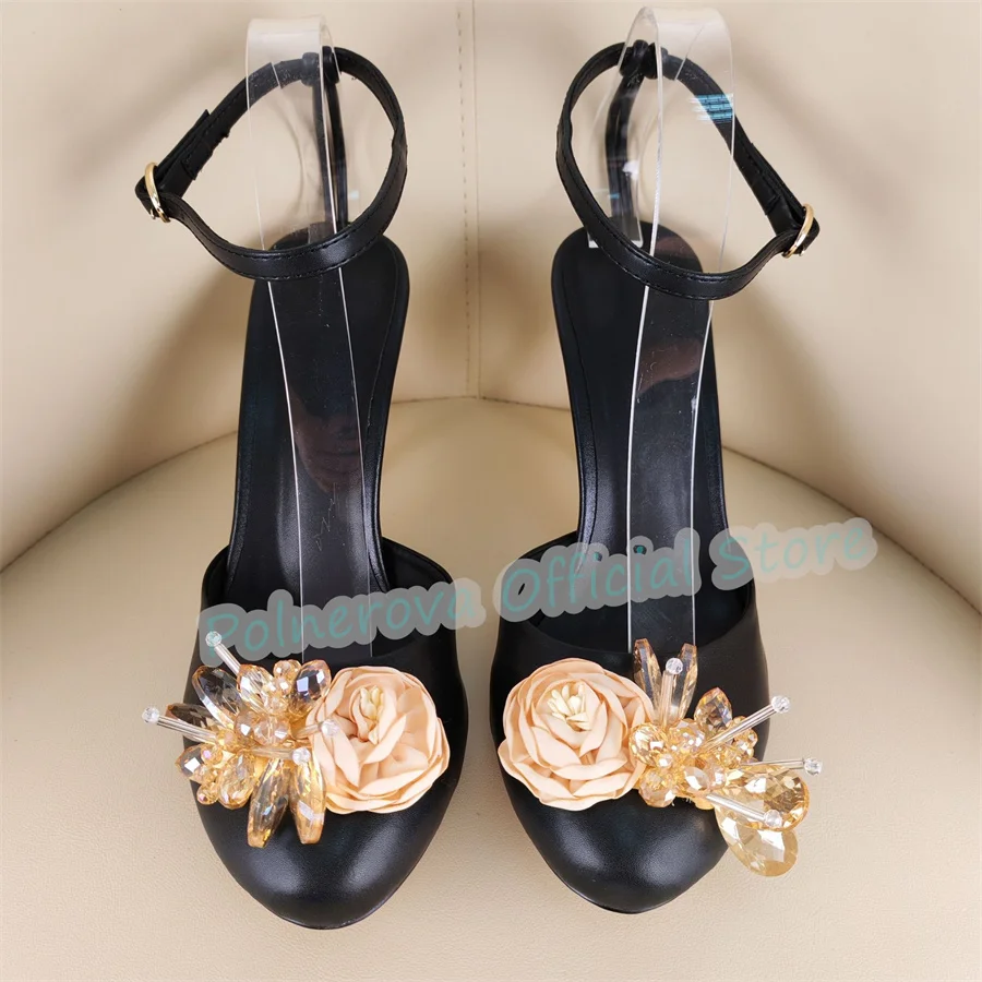 

Fashion Design Flamingo High Heel Women Buckle Strap Pumps Luxury Rose Rhinestone Decor Shallow Sandals Lady Party Dress Shoes