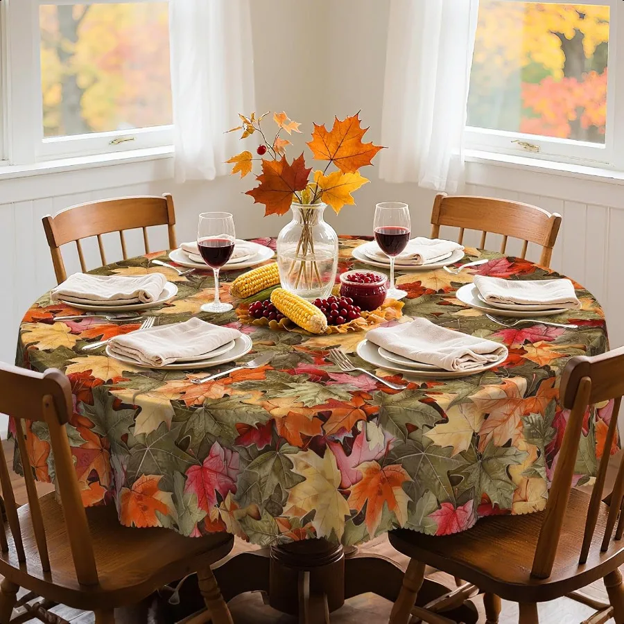 

Fall Tablecloth 70 Inch Maple Leaf Table Cloth Waterproof Wrinkle Free Polyester Table Cover for Autumn Picnics Halloween Dinin