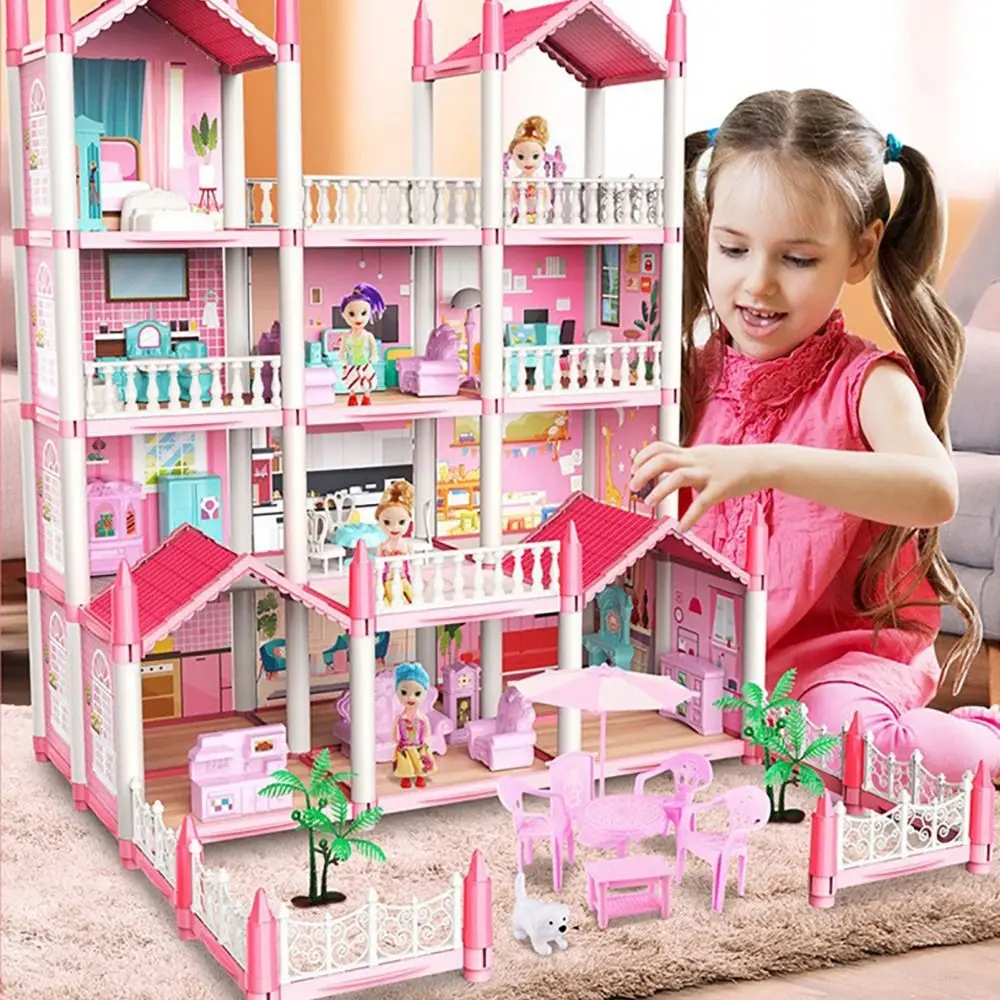 

Creative Pink Doll Houses Plastic DIY Accessories Assembled Toy House Playing House Developmental Toys Princess Villa Girl Gift