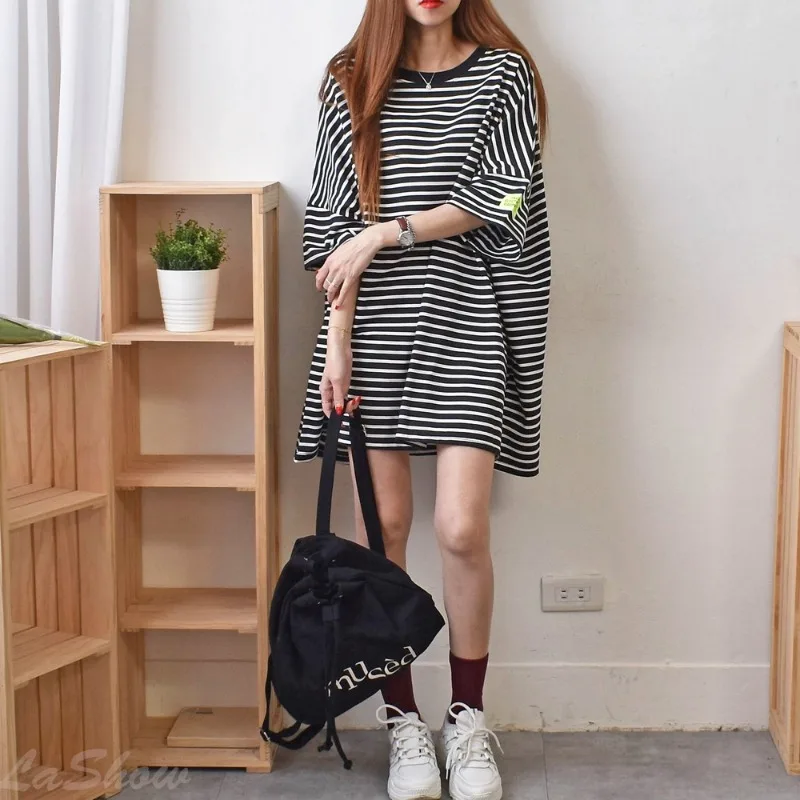 Simple Large-child T-shirt Girl Striped Short-sleeve Mid-length Top Adult Thin Round-neck Shirt Women's Plus-size Loose T-shirt