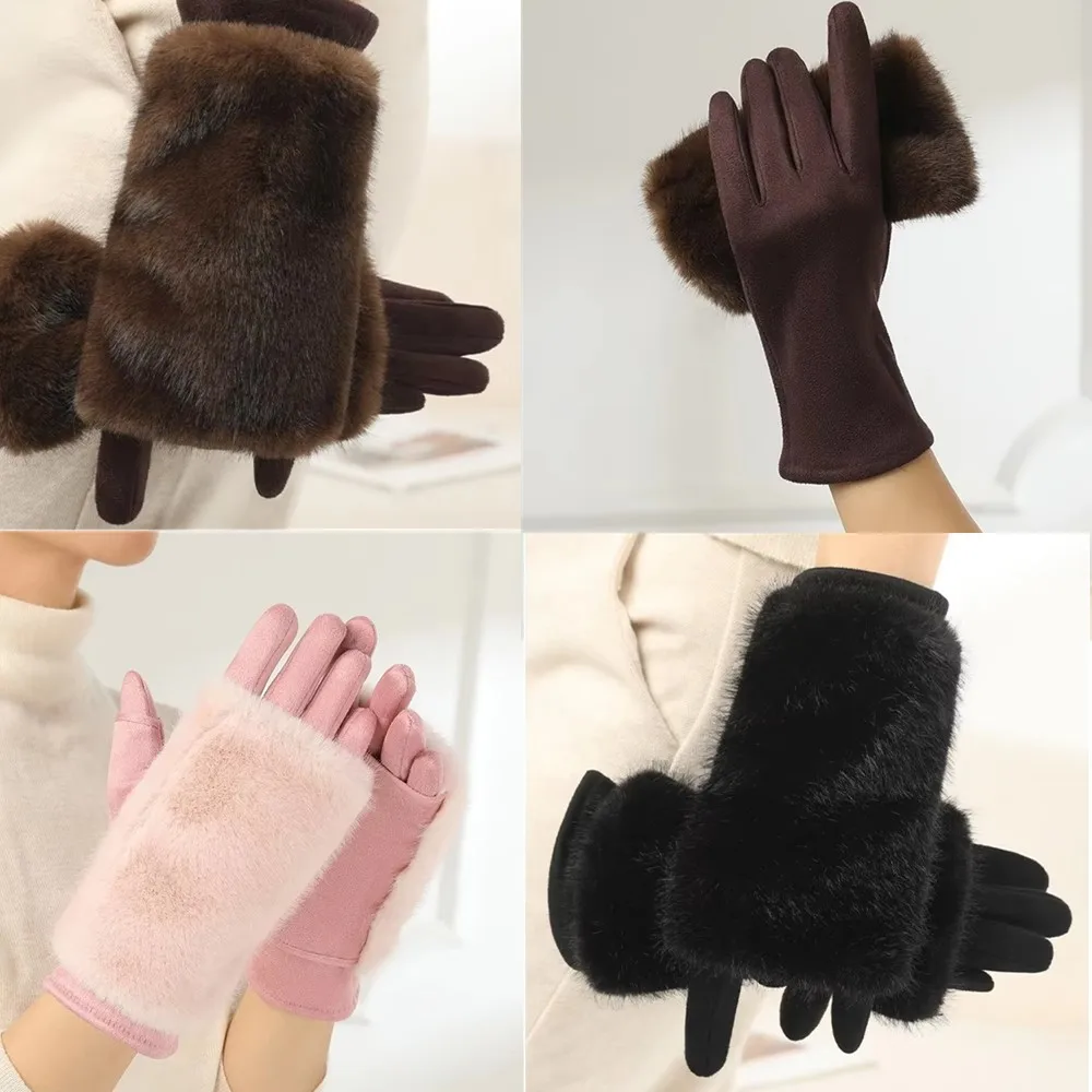 Damen-Handschuhe aus Kaninchenfell im Herbst und Winter sowie samtverdickte, wind- und warme, kältebeständige Touchscreen-Wildlederhandschuhe