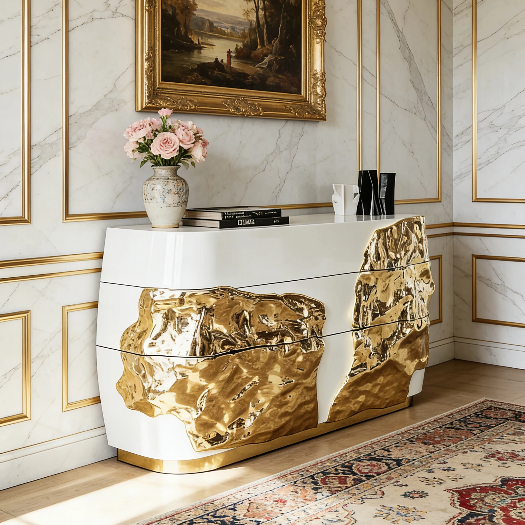 Customizable Color & Size White & Gold  Artistic Living Room Cabinet Irregular Gilded Texture Console Table