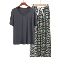 Trendy Lady's Loungewear V Neck Pullover Short Sleeve Pajamas Sets Spring Summer Soft Touch Pants Casual Homewear 2pcs - Image 3