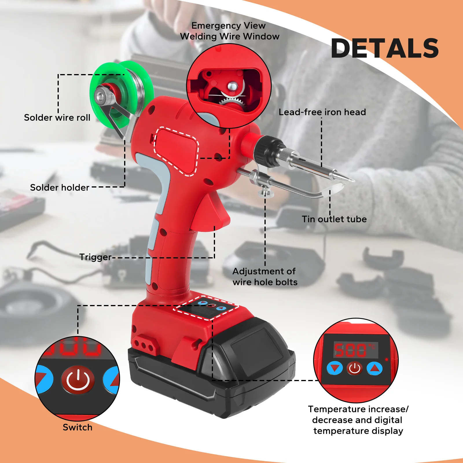 75W Cordless Soldering Iron Kit 200℃-500℃ Adjustable Temperature Soldering Gun Welding Repair Tool for Milwaukee 18V Battery Pin