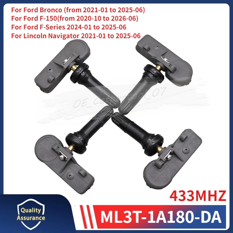 

ML3T-1A180-DA Tire Pressure Sensor 4PCS For 2021-2025 Ford Bronco F-150 F-Series SD Lincoln Navigator TPMS 433MHZ ML3T-1A180-CA