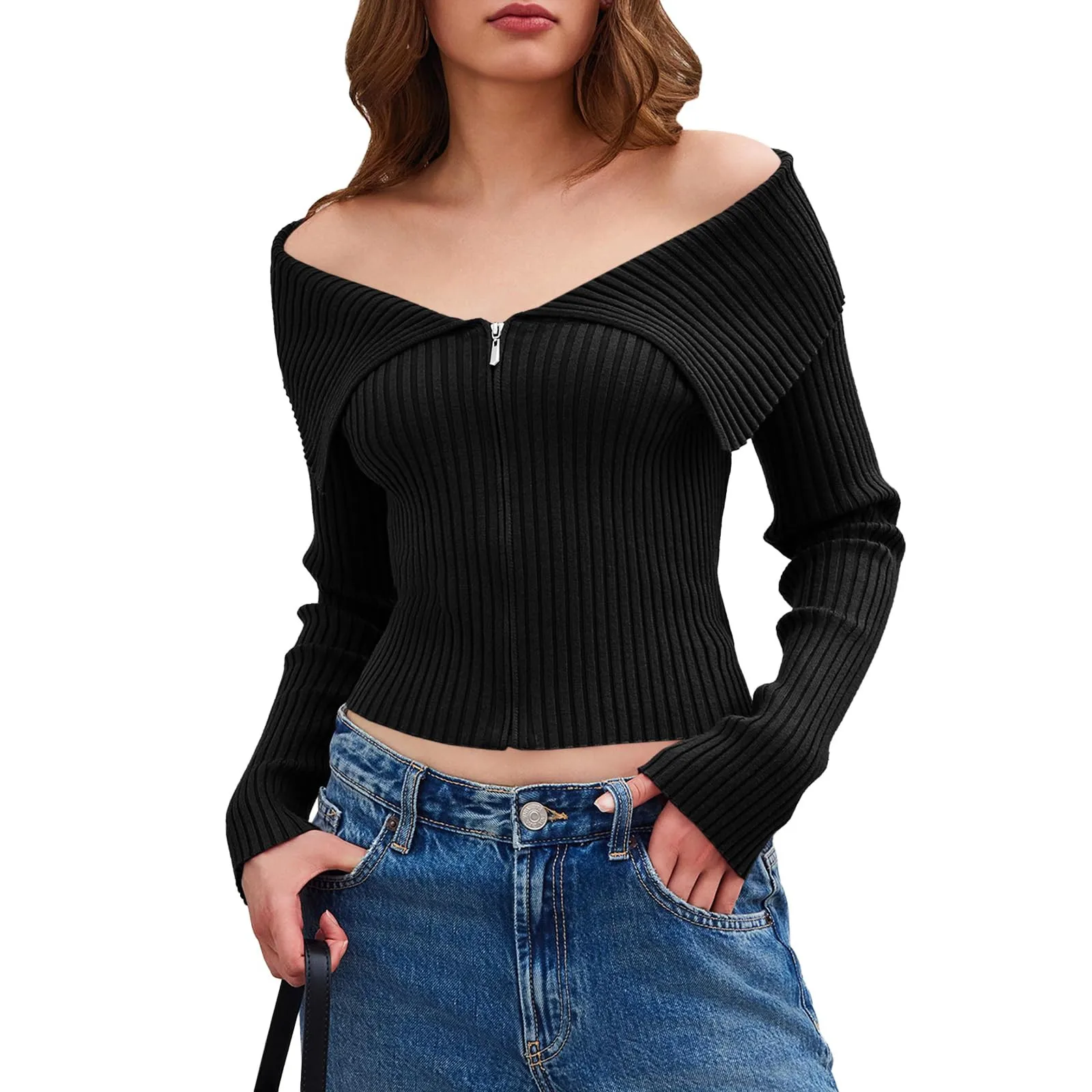 Bottoming Shirt Zipper Long Sleeve Solid Cardigan Cropped Knitting Top High Street Tshirts Y2k Clothes Pulls Rib White Sueter