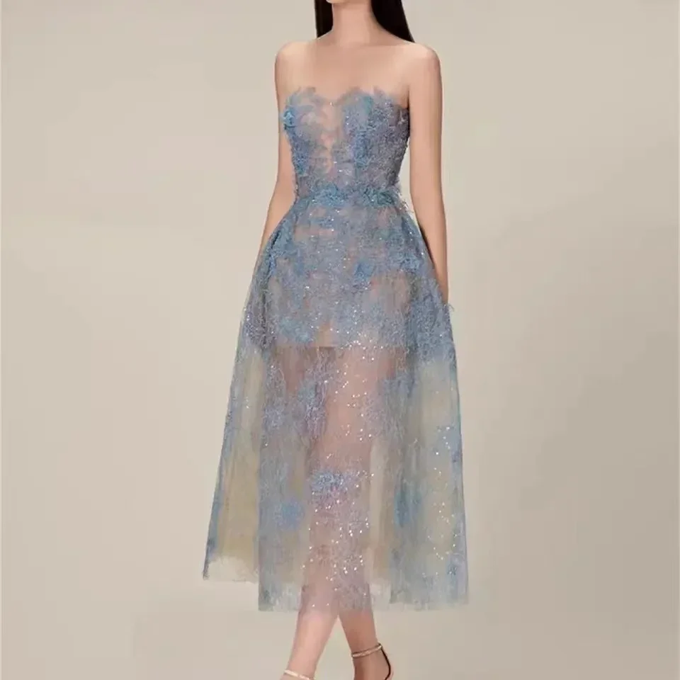 Luxury Runway Women's Party Dress Fashion Designer Summer O Neck Sleeveless Patchwork Lace Mesh Floral Sequin Prom Long Vestidos image 3