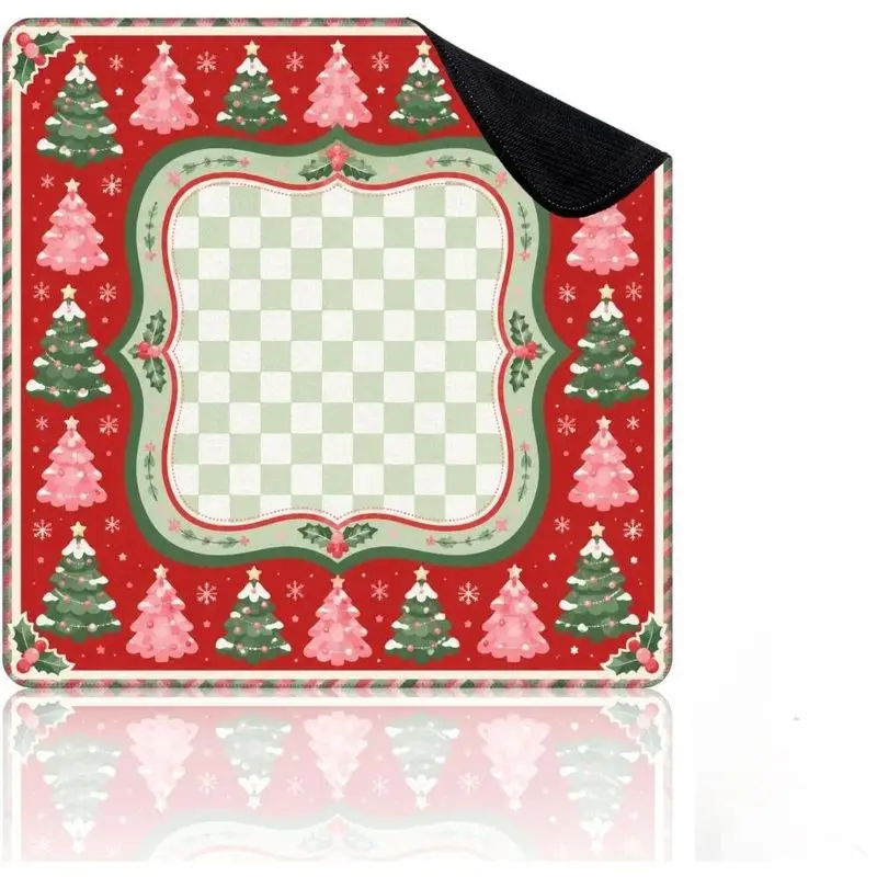 VIKAMA Christmas Mahjong Mat Red Border Pink Green Xmas Tree Snowflake Print Durable For Living Room Game Night Family Decor
