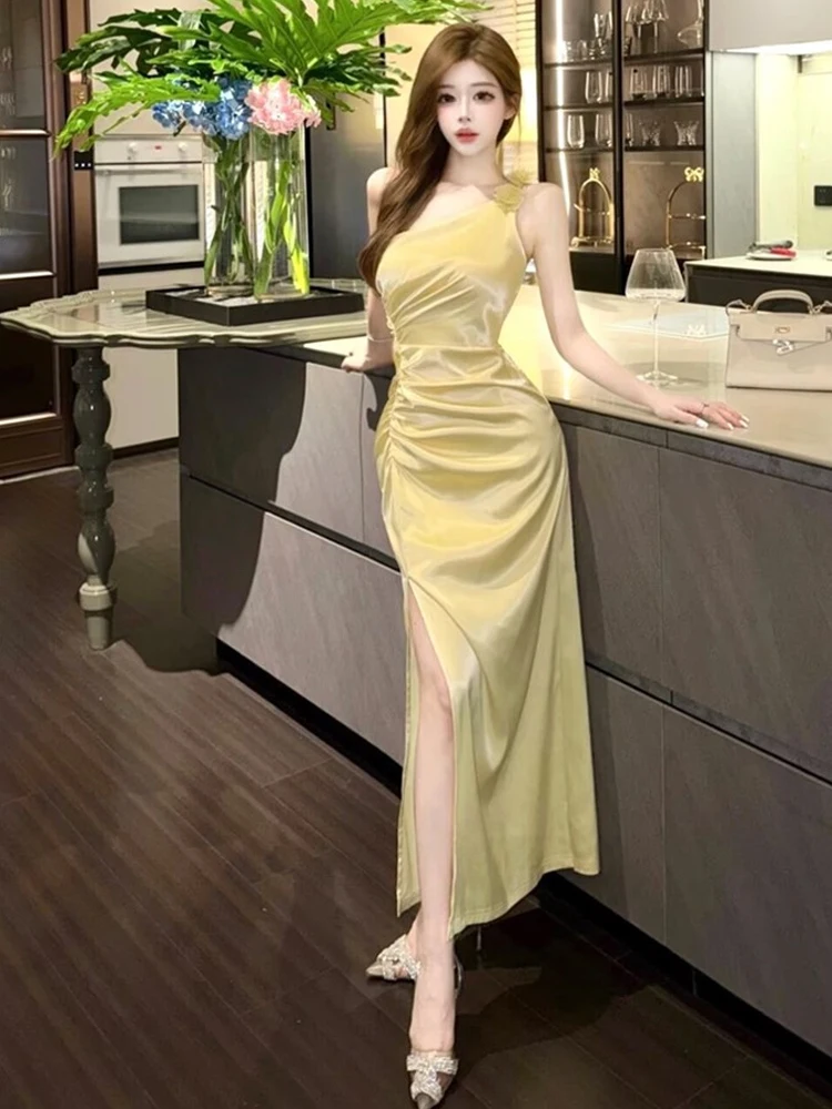 Elegant Floral Sleeveless Wrap Dress Sexy Light Luxury Pleated Split Evening Gown Long Skirt French Style Slim Fit H-Shape