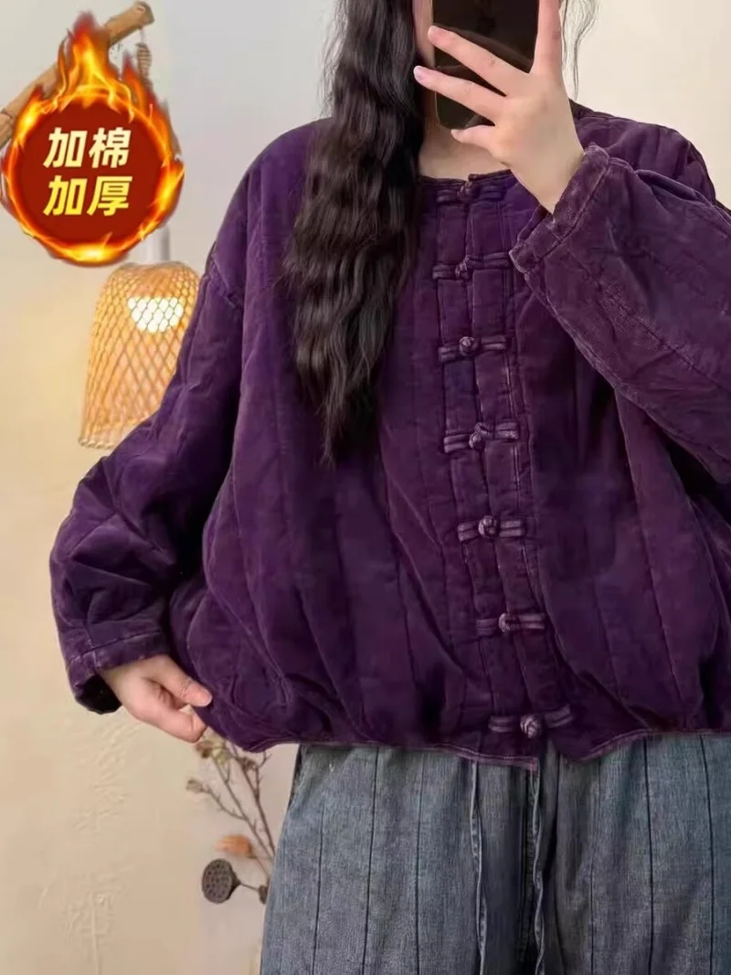 

Autumn Winter Retro Quilted Jacket Women's Casual Loose Long Sleeve Thickened Cotton Coat Button Big Size Warmth Clothing w1343