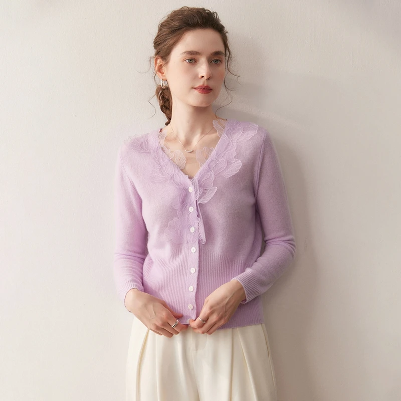 Cardigans de luxe en cachemire pour femmes, col en v, hauts en tricot, décontracté, motif feuilles, 