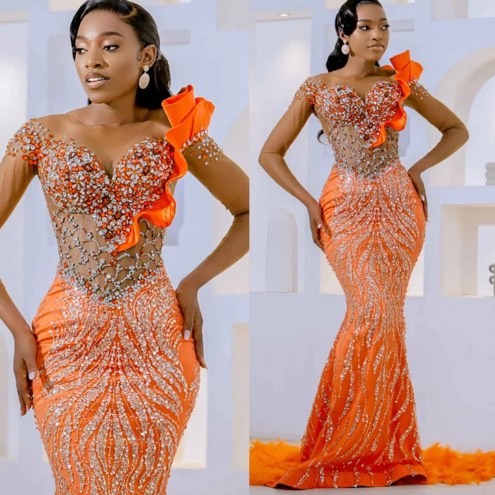 

Customized 2025 Orange Mermaid Prom Dresses Sequined Crystals Beaded Evening Formal Party Birthday Gowns Dresses ZJ186