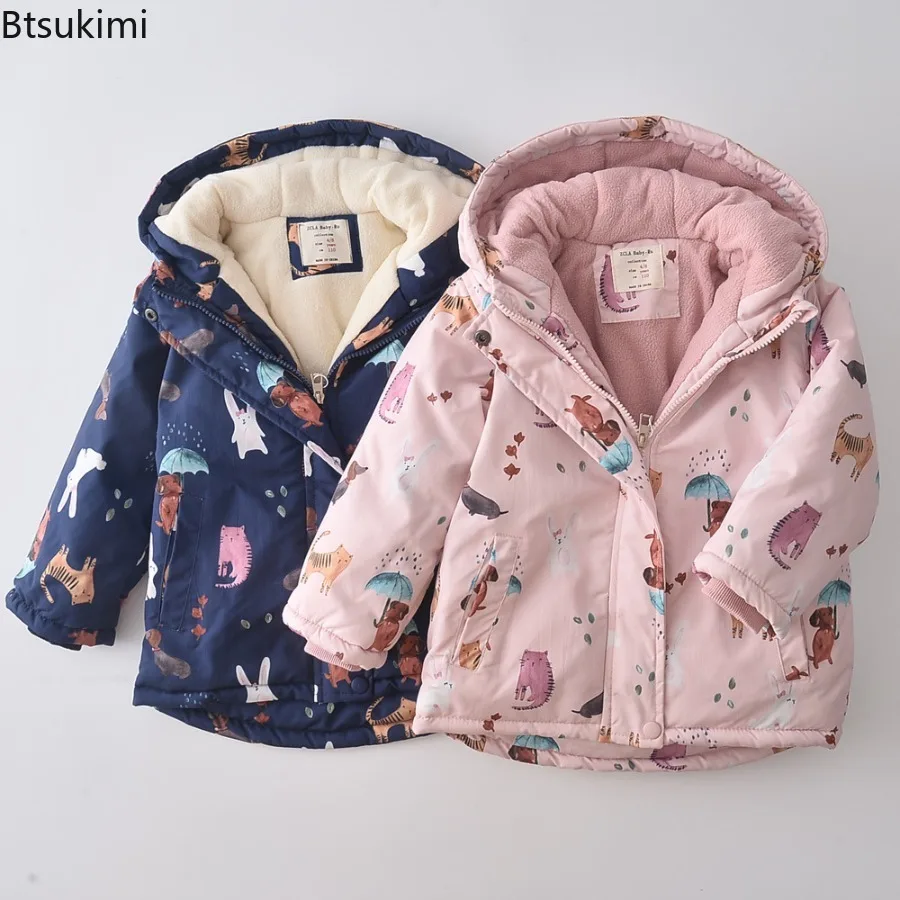 Kinder Cartoon Windjacke Herbst und Winter Kind Mädchen Wasserdichte Kapuze Warme Mantel Teen Mode Plüsch Parkas Kleidung