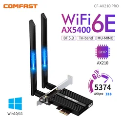 Placa de Rede Sem Fio para PC, Adaptador WiFi 6E, Intel AX210, PCIe, Bluetooth 5.3, 2.4G, 5G, 6GHz, 6E, 802.11, 11ax, AC, Win11, 10, 5374Mbps