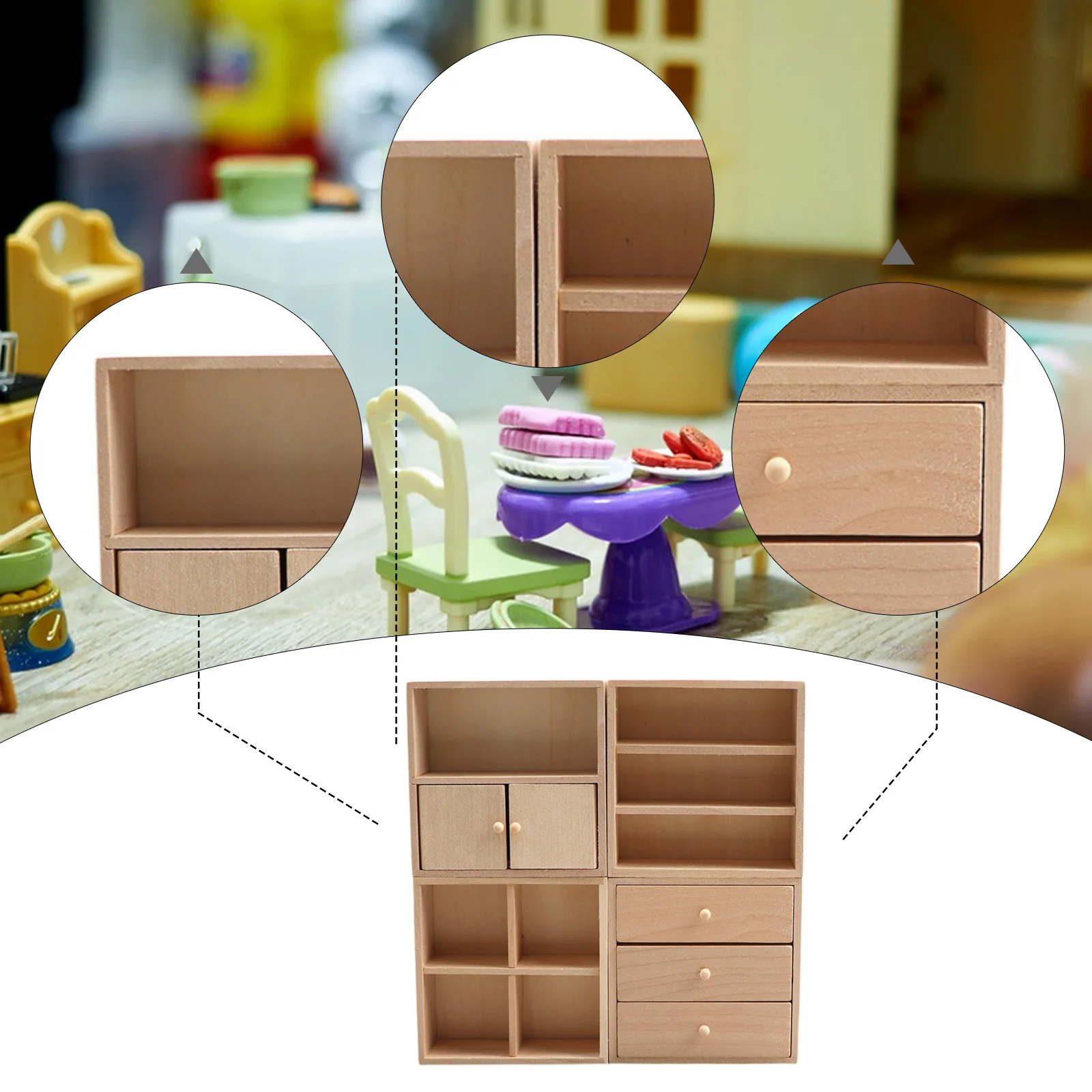 Casa de bonecas mini armário conjunto modelo de madeira clássico móveis casa de boneca prateleira exibição para boneca bjd peças playset