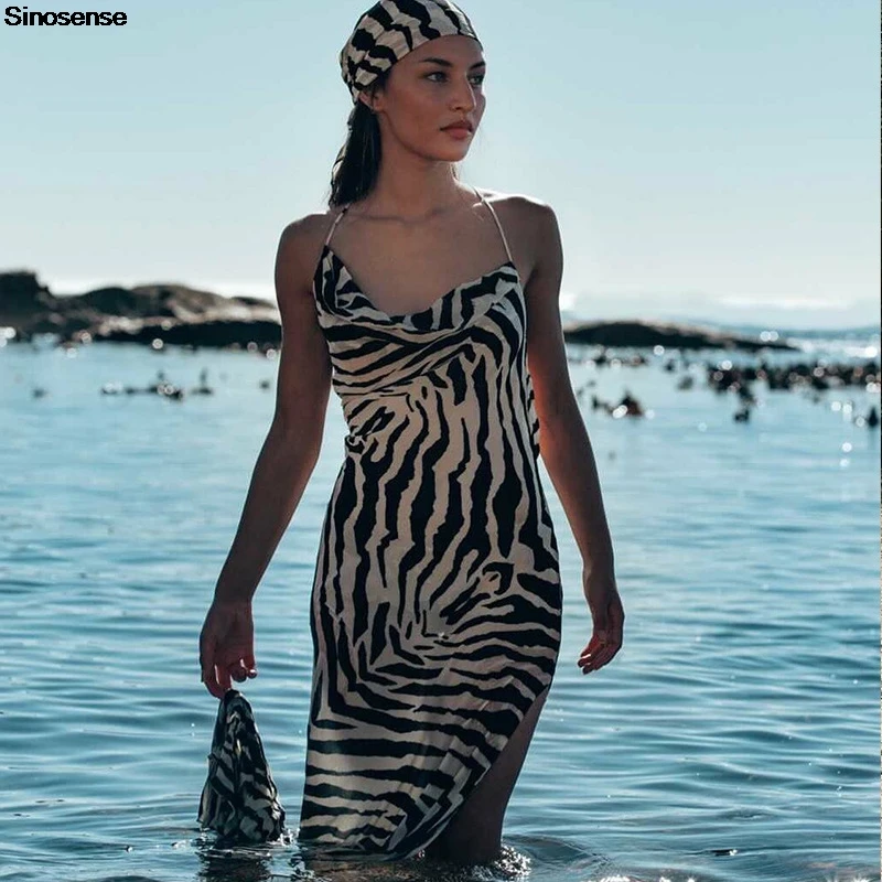 Women's Zebra Stripes Print Summer Boho Beach Holiday Vocation Dress Sexy V Neck Criss Cross Backless High Split Slip Dress