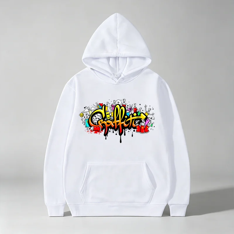 Men Hip‑Hop Graffiti Graphic Hoodie Street Style Skull Spray Paint Art Print Pullover Casual Long Sleeve Hooded Sweatshirt w353