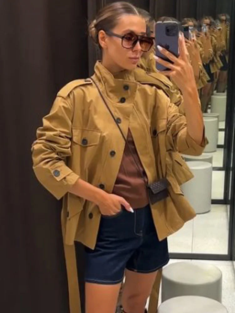HH Damen 2-teiliges Set, modisch, einreihig, lange Ärmel, hoher Kragen, Taschengürtel, Design, Jacke + elastische Taille, kurze Culottes