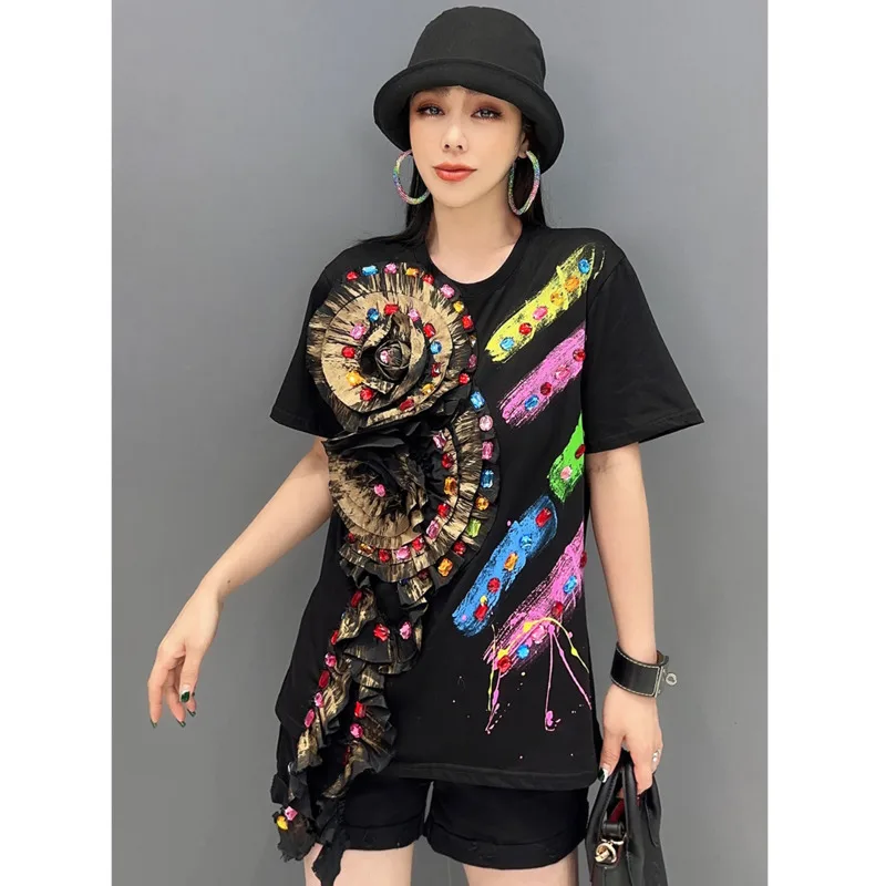 Vefadisa 2025 Summer New Heavy Industry Black Women T-shirt Short Sleeves 3D Flower Ribbon Diamond Embedding T-shirt HLX170