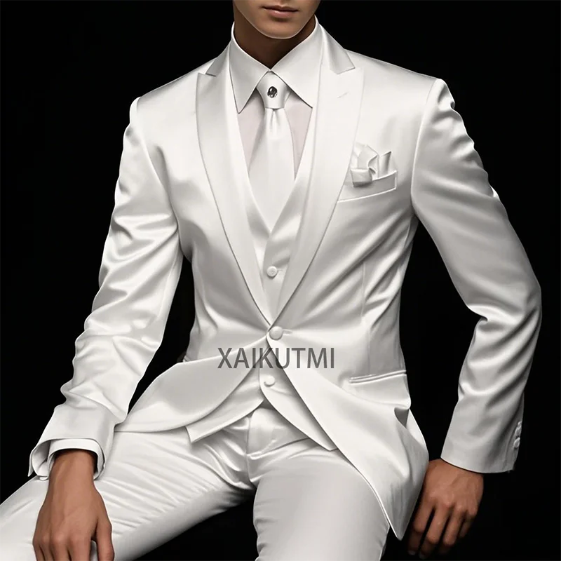 

Latest Style White Slim Formal Fit Mens Suit For Wedding Groom Tuxedos 3 Piece Custom Satin Male Fashion Set Jacket Pants Vest
