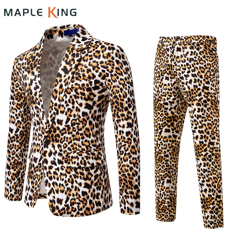 

Luxury Leopard Print Suit for Men 2 Pcs Blazer + Pant Terno Masculino Completo Nightclub Party Dress Man Clothes Suits Trousers