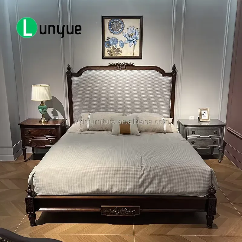 Luxury Medieval Modern Solid Wood Mahogany King Size Spring Bed Frame High Texture Fabric Upholstered Headboard Elegant