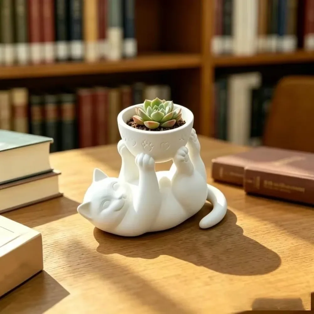 Unique 3D Printed Reclining Cat Planter Plastic Irregular Shape Cat Plant Pot Lightweight Creative Flowerpot Office