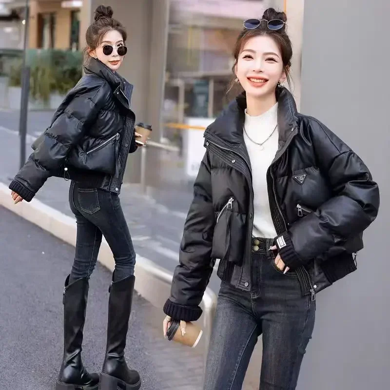 Korean Stand Collar Cropped Jacket Winter Coat Women\'s Clothing Trend Puffer Jackets Warm Streetwear Knit Patchwork Long Sleeve