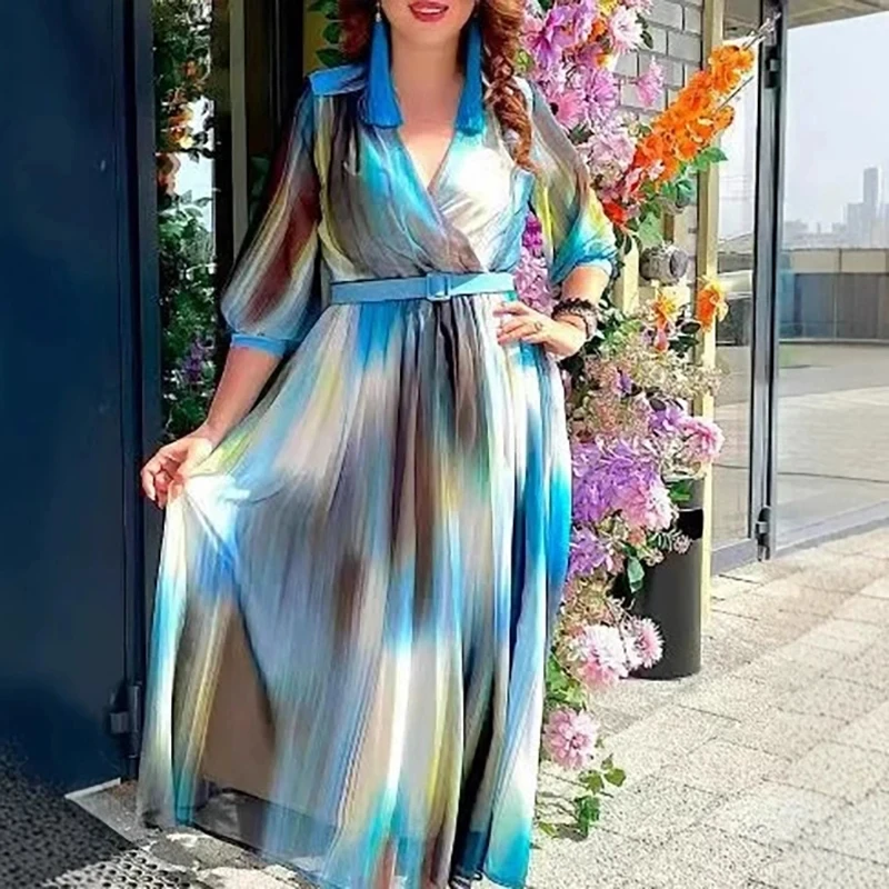

Fashion Half Sleeve Loose Commute Dress Elegant Lady V-neck High Waist Chiffon Maxi Dresses Casual Lapel Printed Pleated Dress