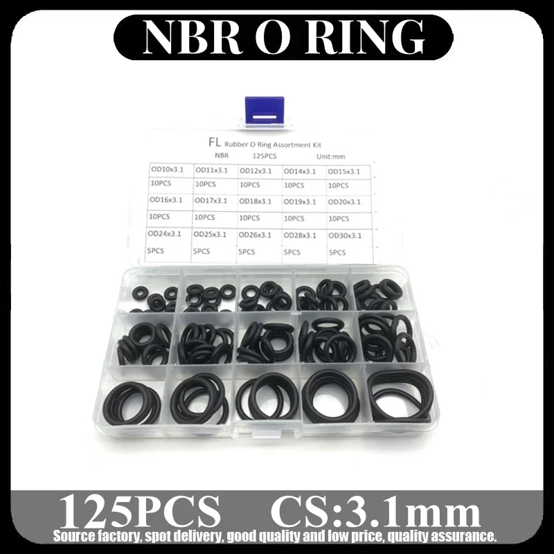 125pcs/box Rubber O-Ring Thickness 3.1mm Black O-Ring Seal Set Nitrile Gasket High Quality Automotive Gasket 15 Sizes