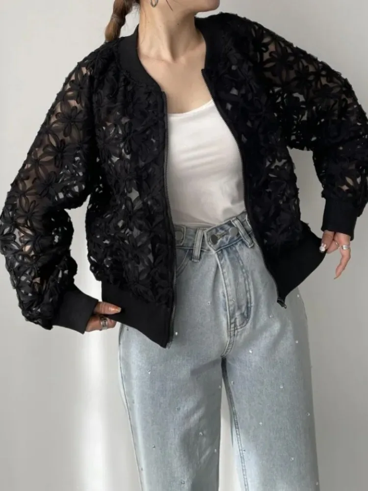 

UOOZEE Women Hollow Out Zipper O-Neck Jackets Long Sleeves Solid Color Elegant Casual Office Thin Coats 2025 New Female Clothes