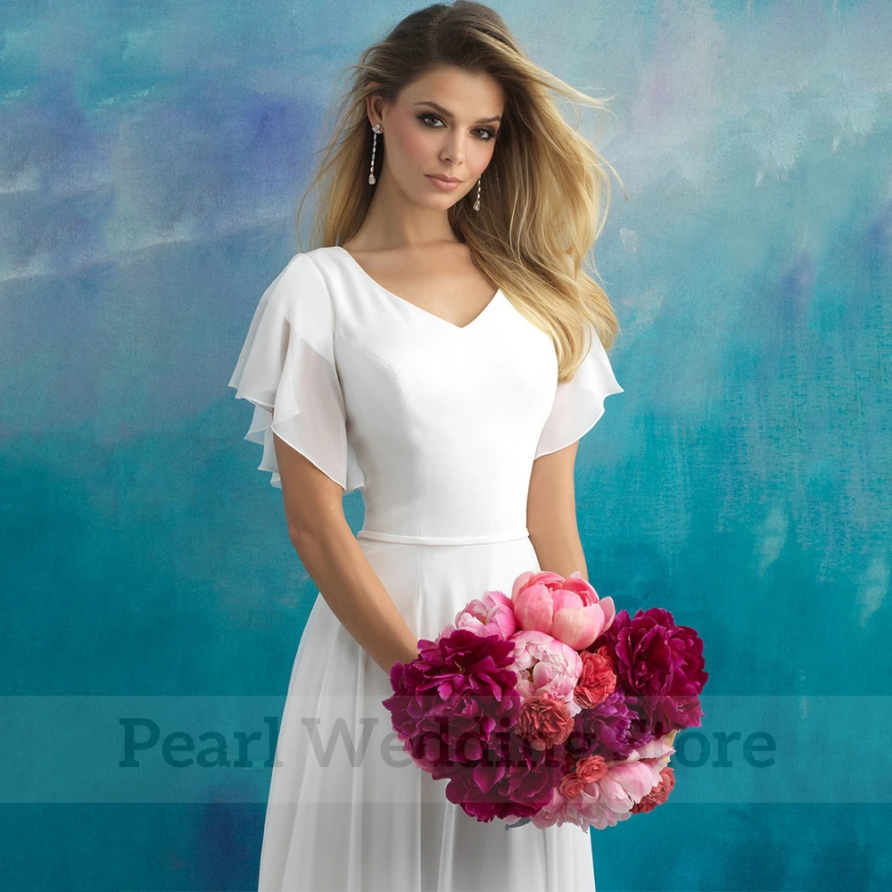 Classic Chiffon A-Line Wedding Dress Simple Short Sleeves V-Neck with Belt Floor Length Bridal Sweep Train  Buttons Gowns